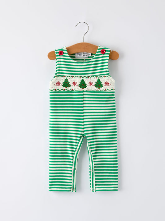 Christmas Tree Smocked Green Stripe Baby Boy Romper