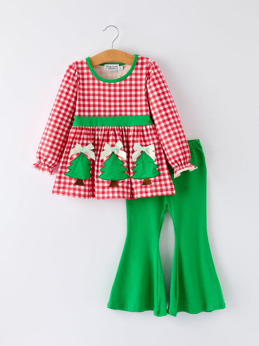 Christmas Tree Applique Red Plaid Top with Green Bell Bottom Pants Girls Set