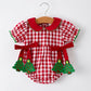 Baby Girls Christmas Outfit – Red Plaid Romper with Tree Bow Accents