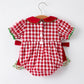Baby Girls Christmas Outfit – Red Plaid Romper with Tree Bow Accents