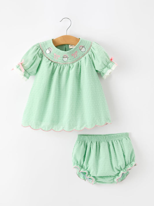 Christmas Mint Green Smocked Santa Baby Girl Bloomer Set
