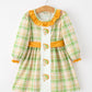 Thanksgiving Turkey Applique Plaid Girls Long Sleeve Dress