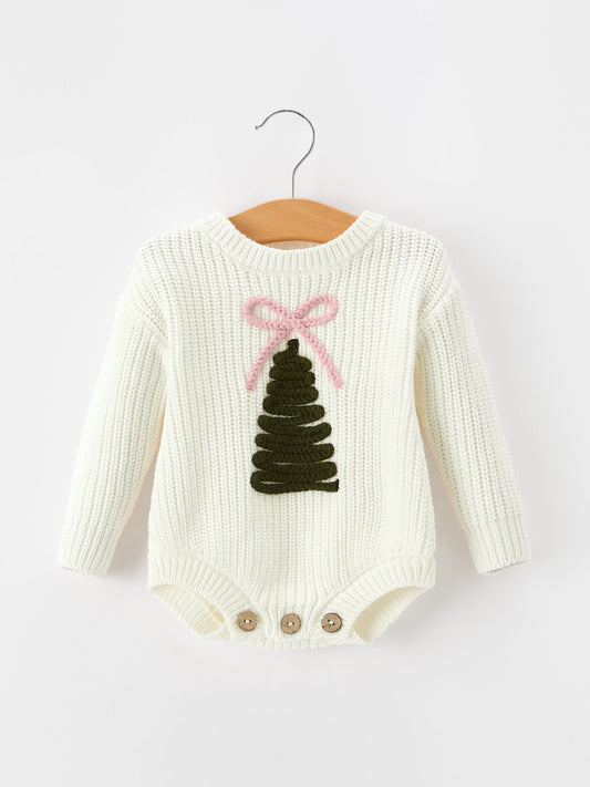 Winter Christmas Tree Girls Knit Romper Bow Long Sleeve