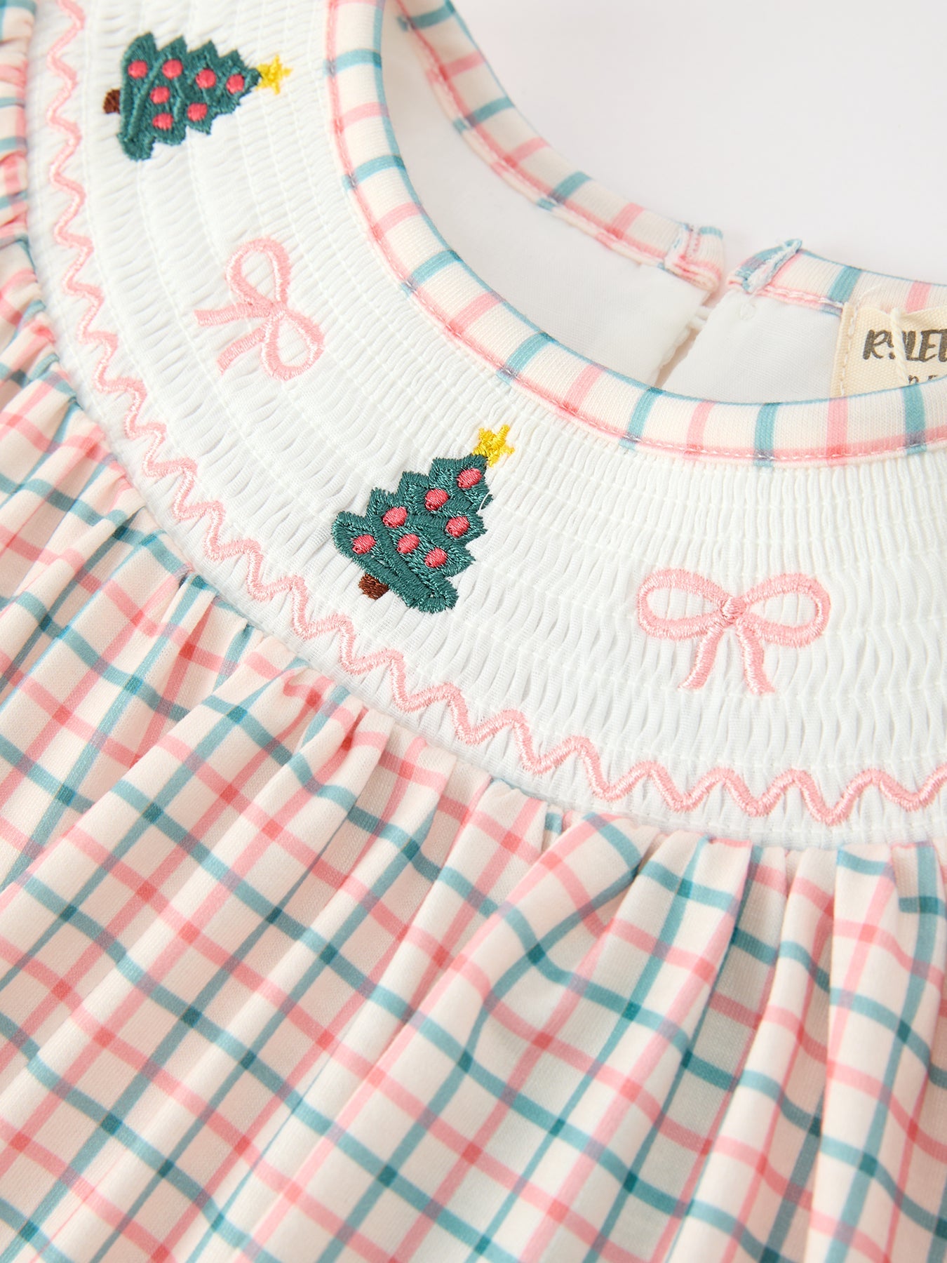 Girls Christmas Smocked Plaid Dress with Tree Embroidery
