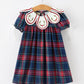 Navy Red Christmas Plaid Wreath Embroidered Girl Dress
