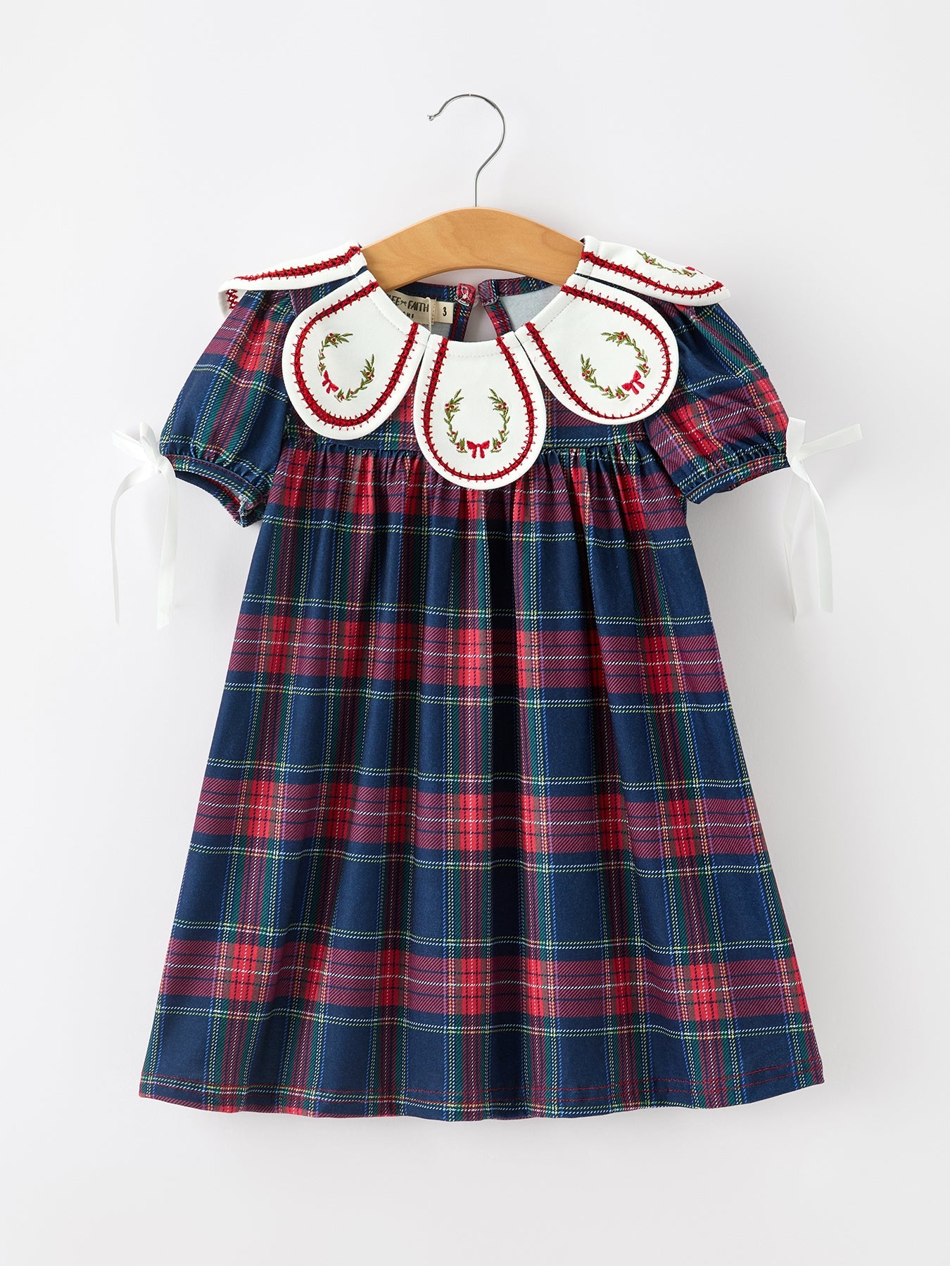 Navy Red Christmas Plaid Wreath Embroidered Girl Dress