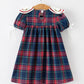 Navy Red Christmas Plaid Wreath Embroidered Girl Dress