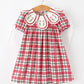 Red Christmas Plaid Wreath Embroidered Girl Dress