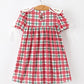 Red Christmas Plaid Wreath Embroidered Girl Dress
