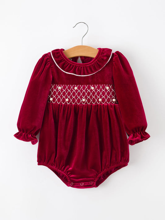 Christmas Velvet Smocked Baby Bubble Romper with Pearl Detail