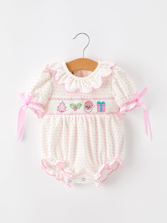 Christmas Smocked Baby Girl Bubble Romper Embroidered Ruffle Collar