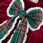 Baby Girls Christmas Burgundy Velvet Plaid Bow Romper