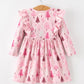 Christmas Tree Print Girls Pink Ruffle Long Sleeve Dress