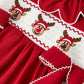 Girls Christmas Reindeer Smocked Red Bow Dress