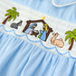 Christmas Nativity Embroidered Baby Boy Blue Smocked Romper