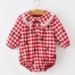 Christmas Tree Embroidered Red Plaid Baby Girls Ruffle Collar Romper