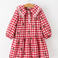 Christmas Tree Embroidered Plaid Girls Ruffle Collar Dress