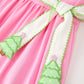 Girls Christmas Pink Bow & Christmas Tree Peter Pan Collar Dress