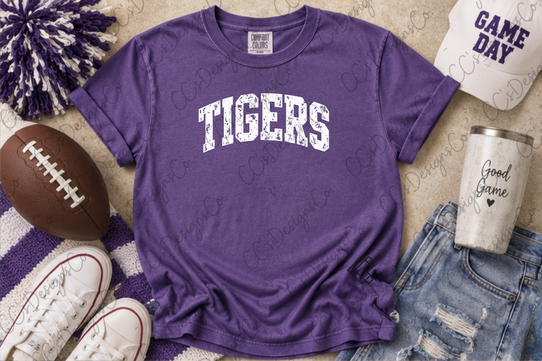 Tigers Shirt, Orange Game Day Shirt, Purple Football Tee, Comfort Colors Shirt, Distressed Tigers Tee, Collegiate Game Day Shirt