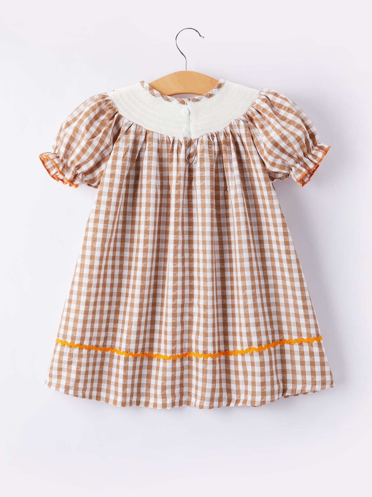 Girls Thanksgiving Turkey Smocking Embroidered Brown Plaid Dress