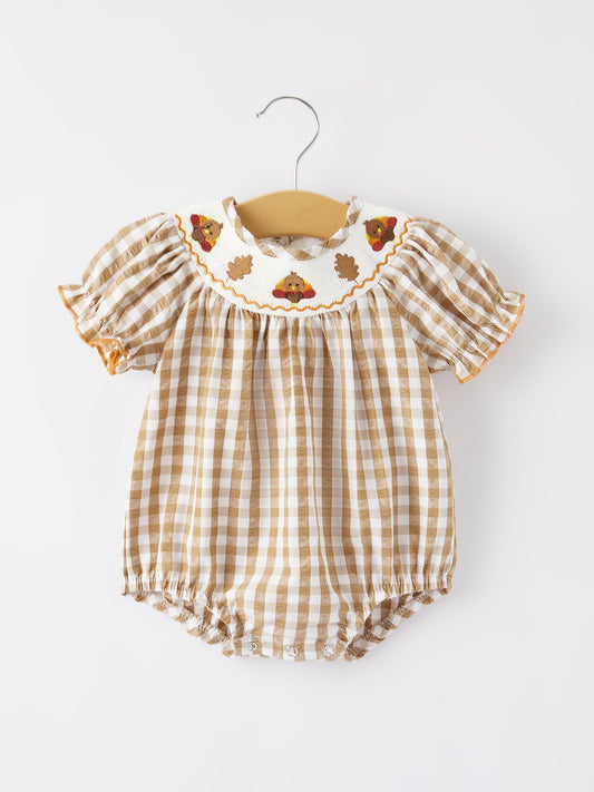 Girls Thanksgiving Smocking Embroidered Brown Plaid Romper