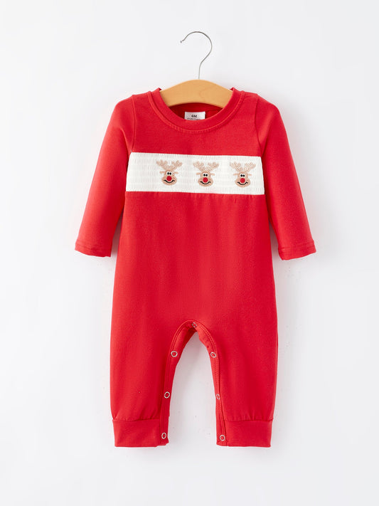Christmas Red Smocking Reindeer Embroidery Boys Romper