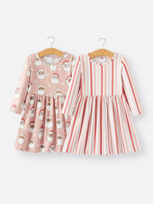 Girls Christmas Santa Print Stripe Dress 2-piece Set
