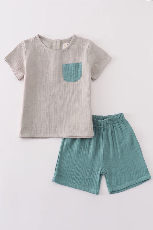 RTS Boys Gray & Blue Muslin Shorts Set