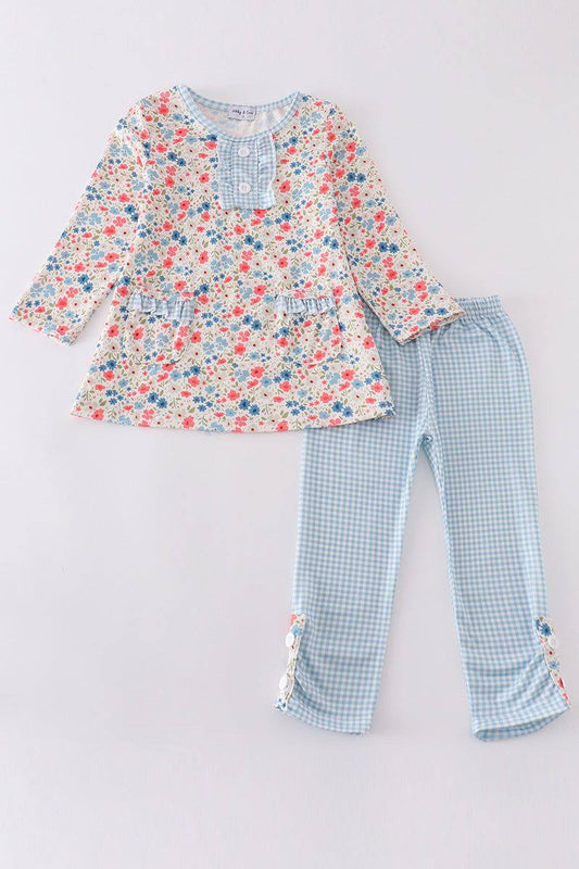 RTS Blue Floral & Gingham Leggings Set