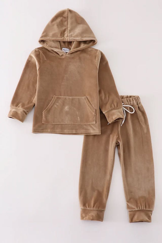 Beige Velvet Hoodie & Pants Set