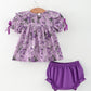 Floral Girls Outfit Set Purple Puff Sleeve Top Bloomers Set