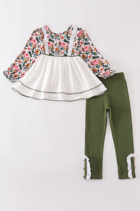 Green Floral Swiss Dot Pants Set