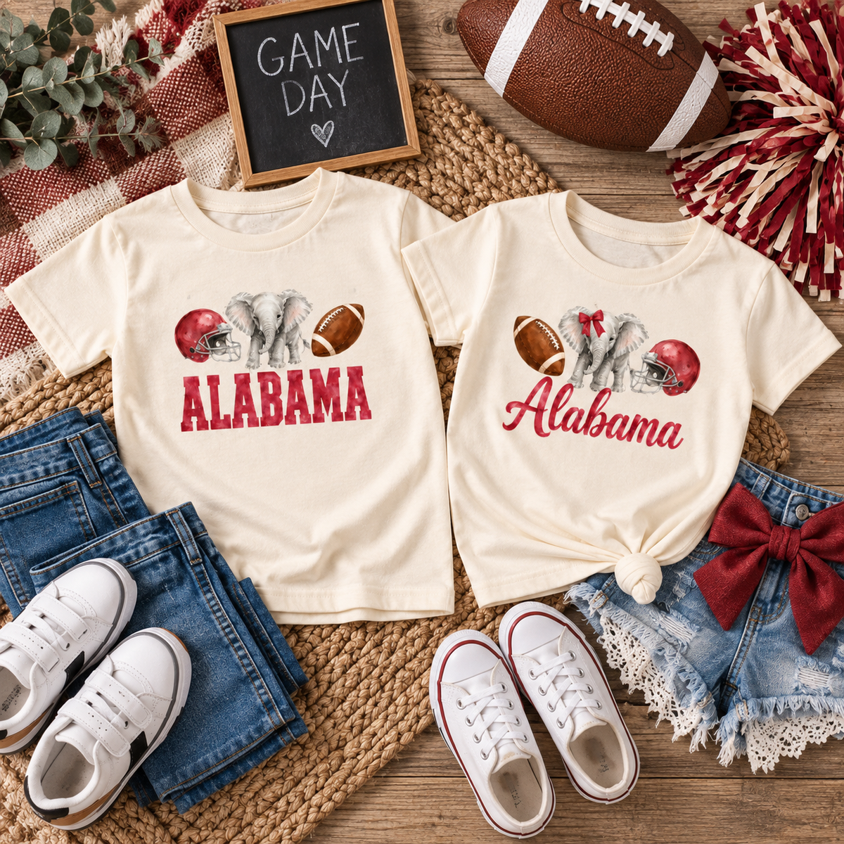 Alabama Kids Game Day Tee, Watercolor Elephant Football Shirt