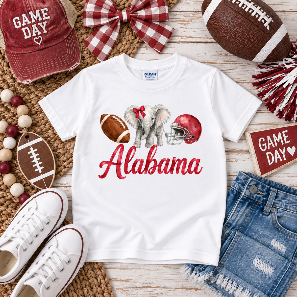 Alabama Game Day Shirt - Watercolor Bow Elephant Youth Tee