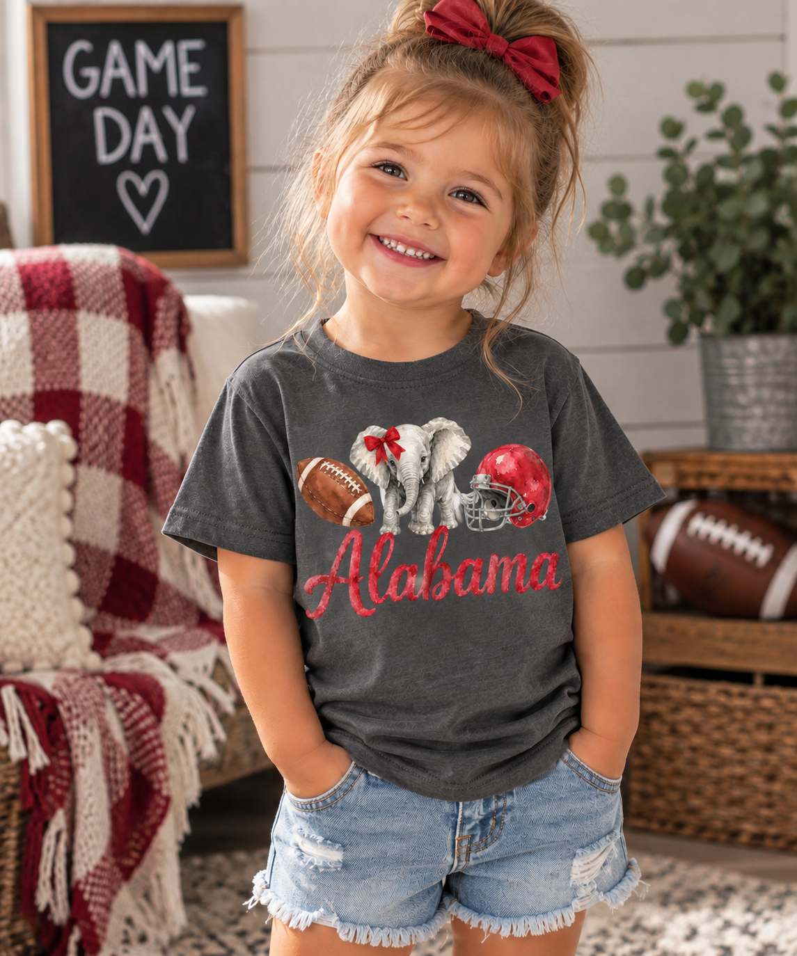 Alabama Game Day Shirt - Watercolor Bow Elephant Toddler Tee