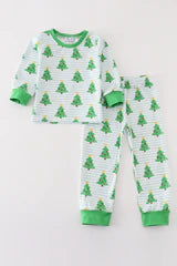 Green Striped Christmas Tree Pants Set