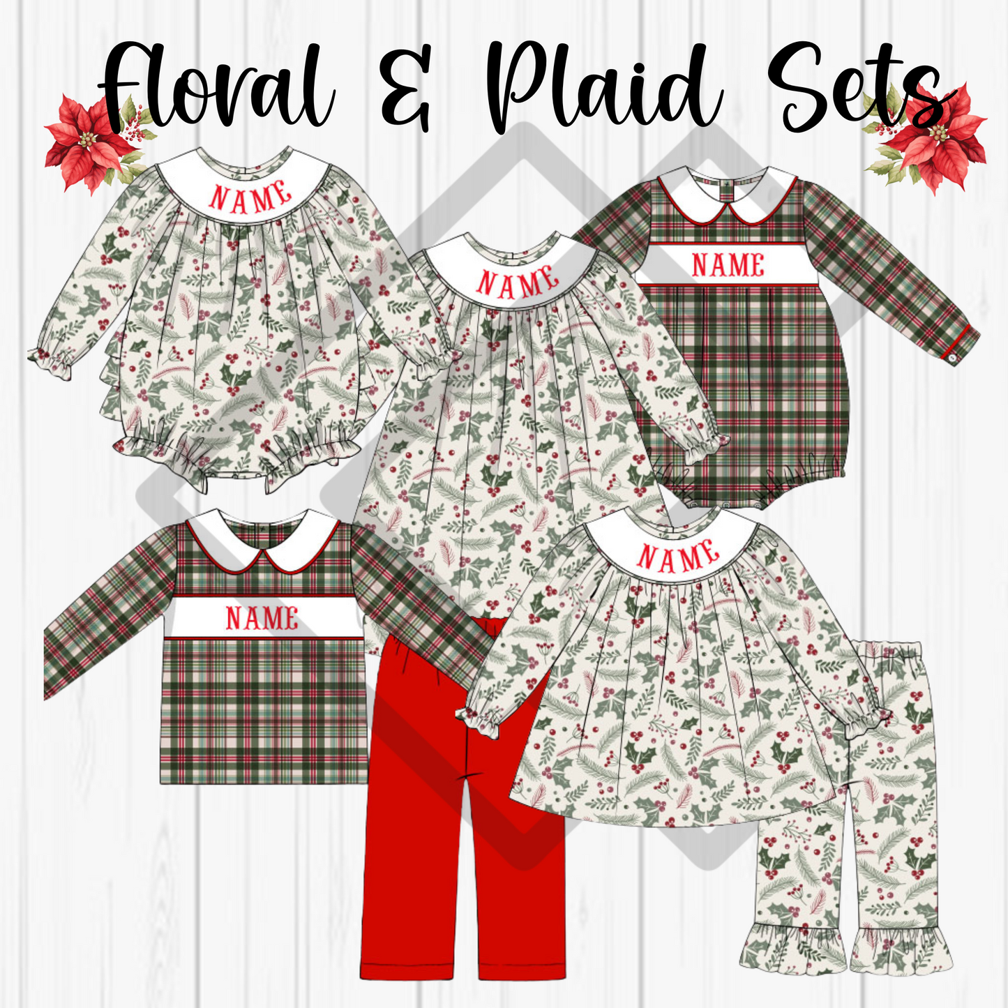 PREORDER Christmas Floral & Plaid Handsmocked Sets