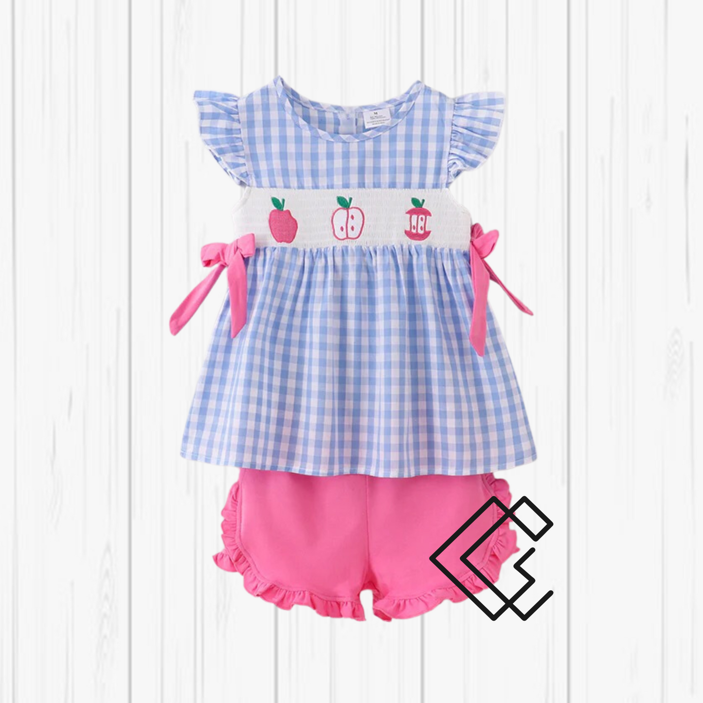 RTS Blue Plaid Smocked Apple Shorts Set