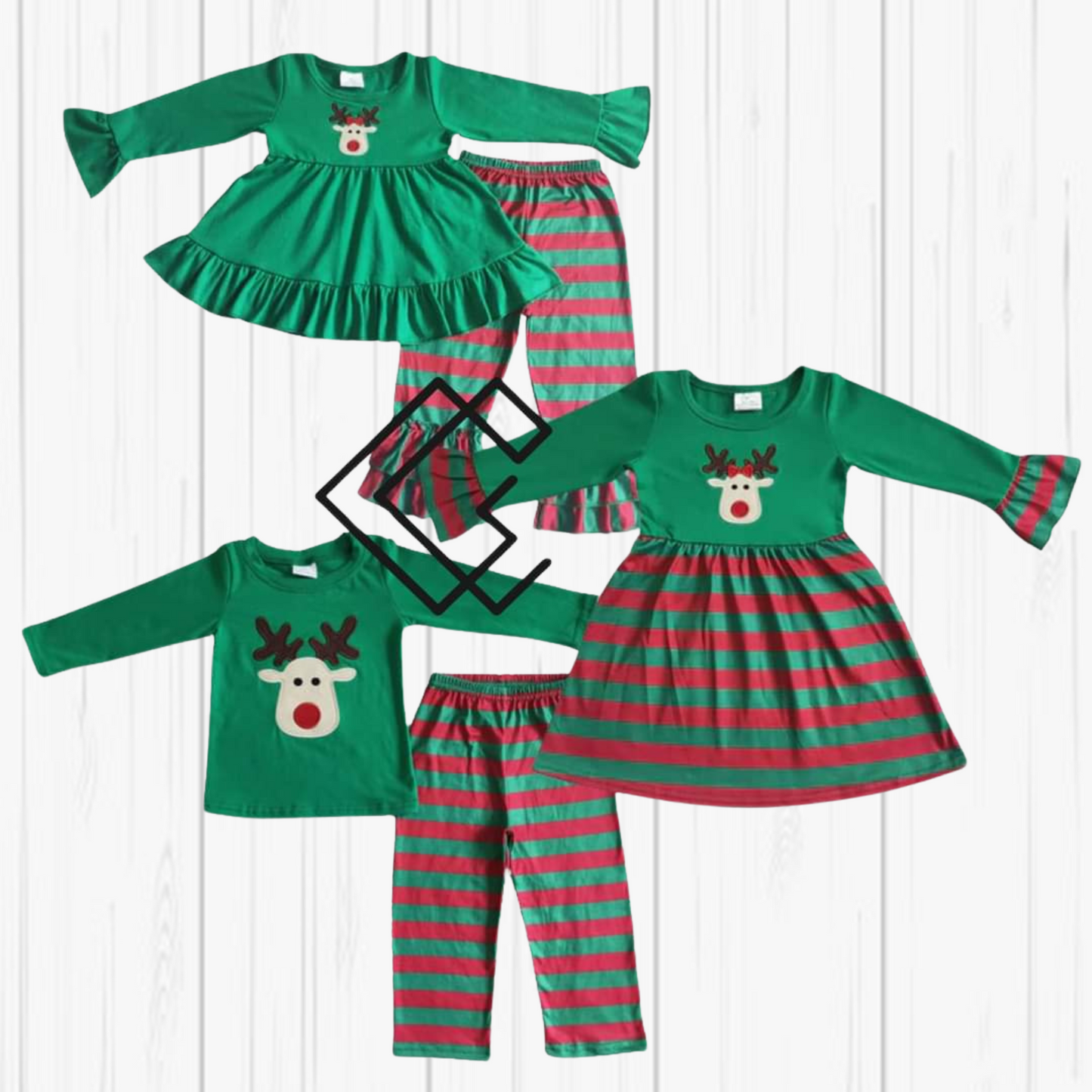 Green Stripe Reindeer Matching Sets