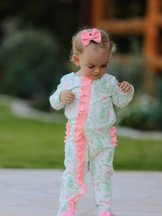 Christmas Tree Wreath Print Long Sleeve Zip Baby Girls Romper