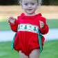 Christmas Smocked Girls Romper with Green Bow and Tree Embroidery