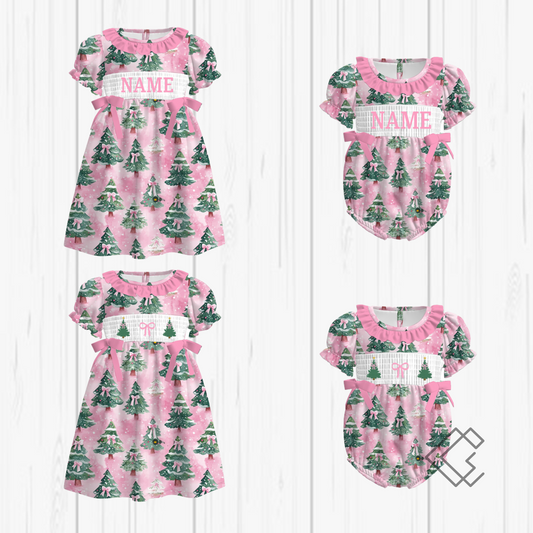 PREORDER Pink Christmas Tree Smocked Sets